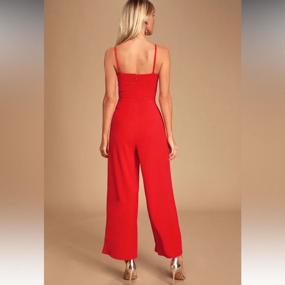 NWT LULUS Cherry Red Criss Cross Bodice Cutout Surplice Wide Leg Jumpsuit - Picture 2 of 13